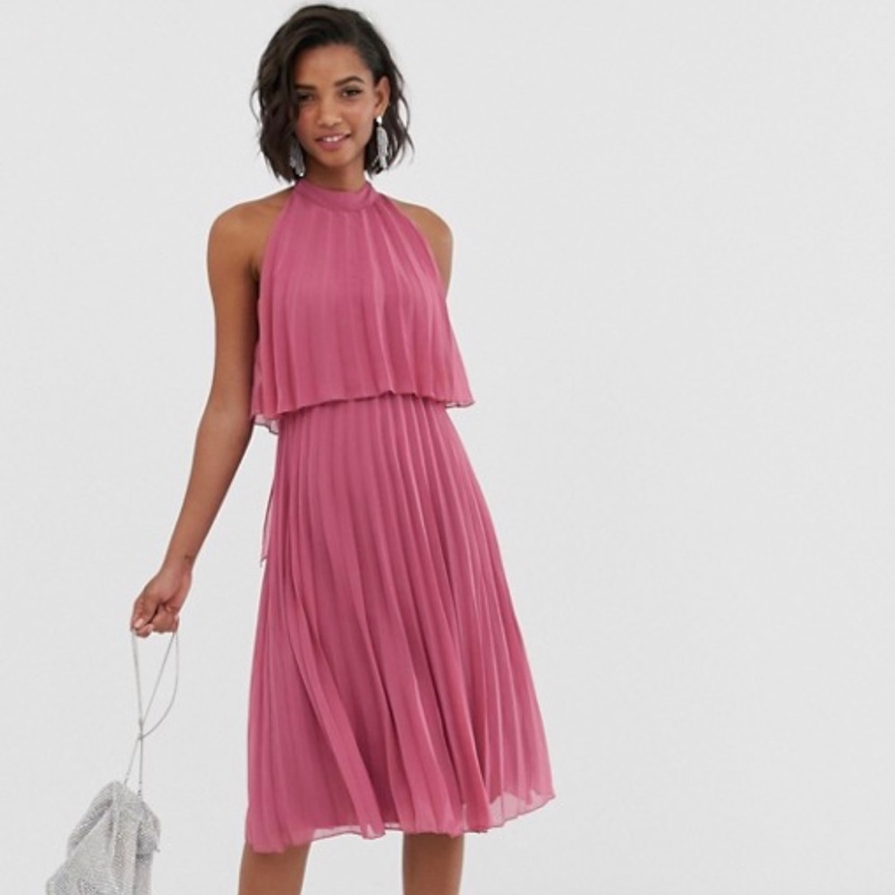 Halter tie neck pleated midi dress